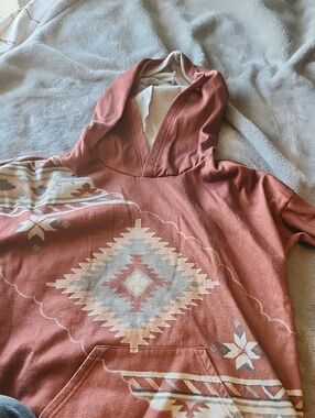 Rust Aztec Print Hooded Pullover Sweatshirt